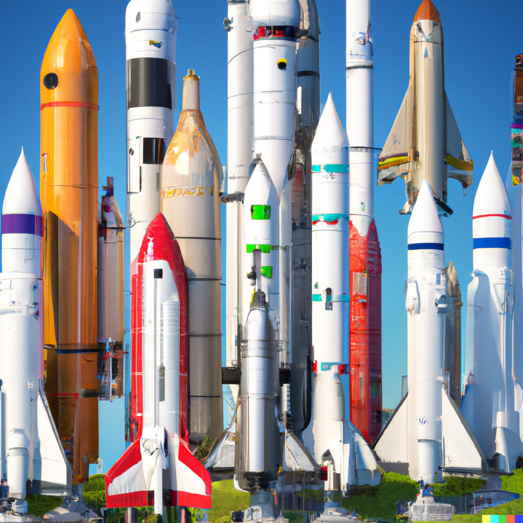 DALL·E 2022-12-02 22.53.46 - Twenty different rockets on a launch pad, standing next to eacho...png
