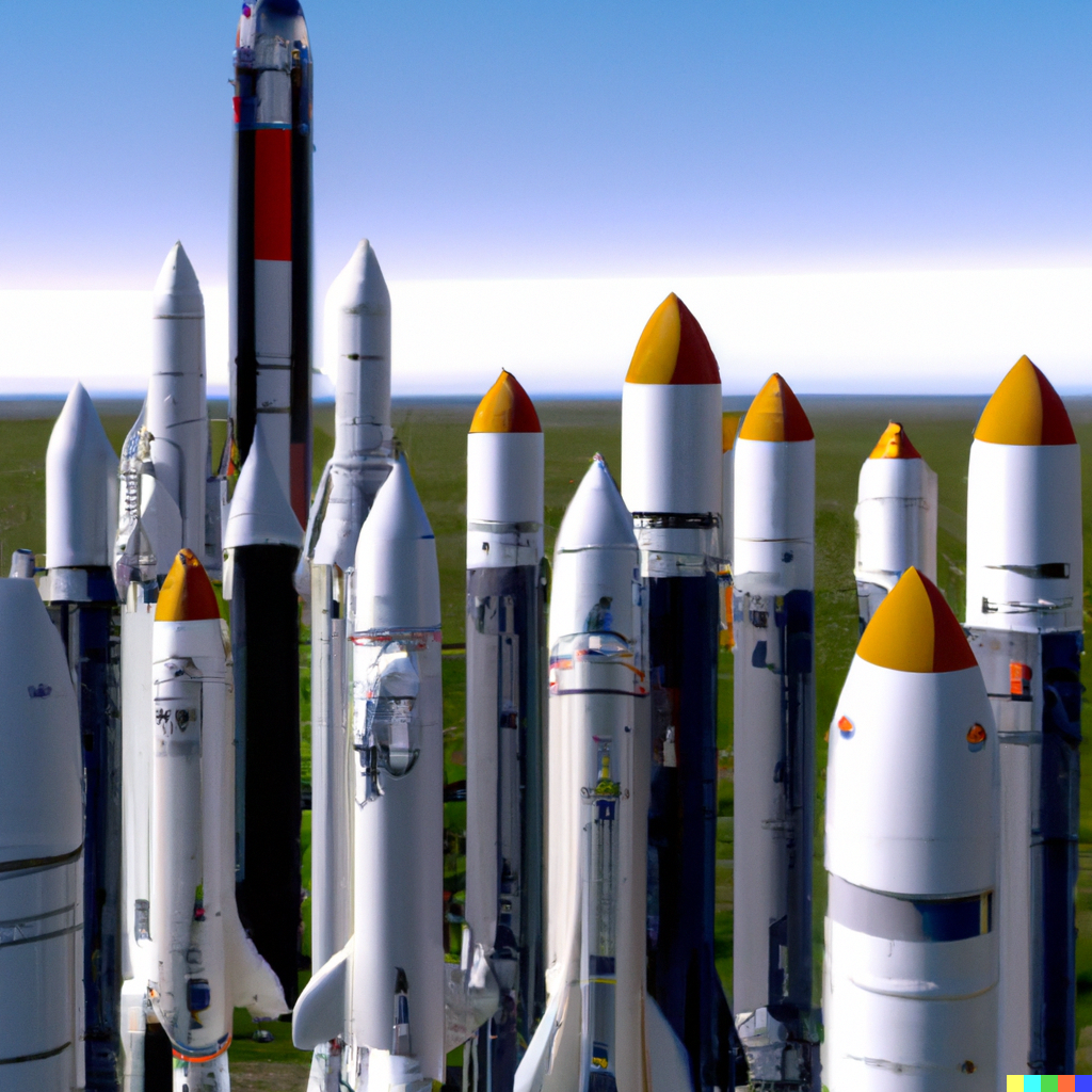 DALL·E 2022-12-02 22.53.52 - Twenty different rockets on a launch pad, standing next to eacho...png